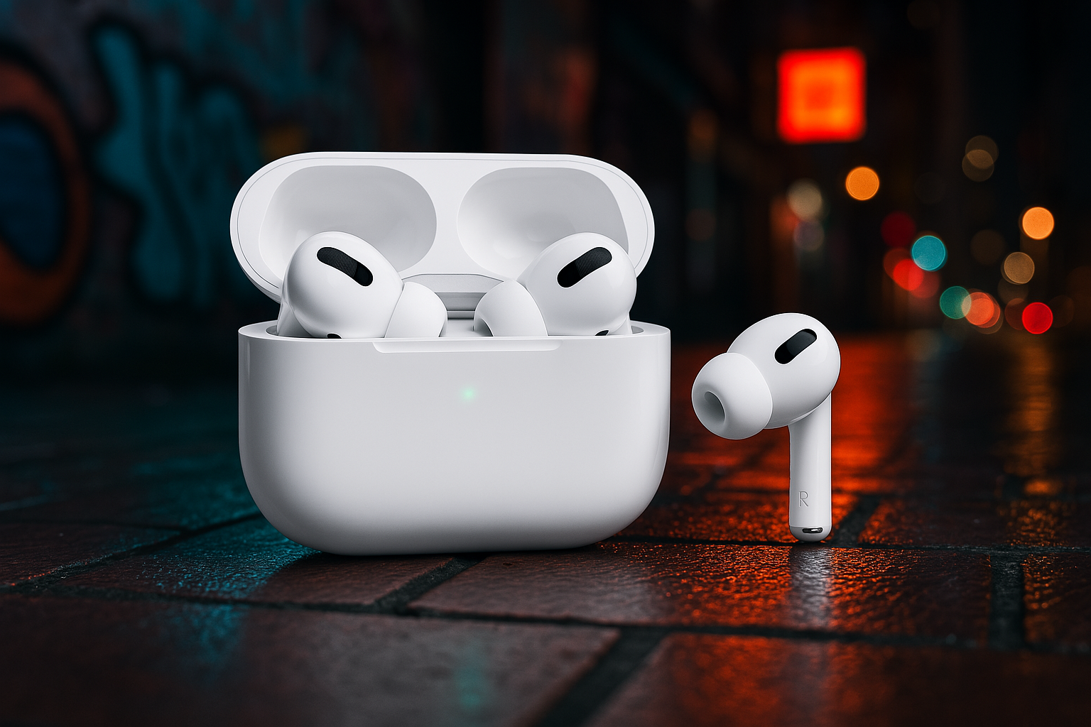 AirPods Pro de segunda generación sobre fondo urbano nocturno, resaltando su diseño moderno y elegante.