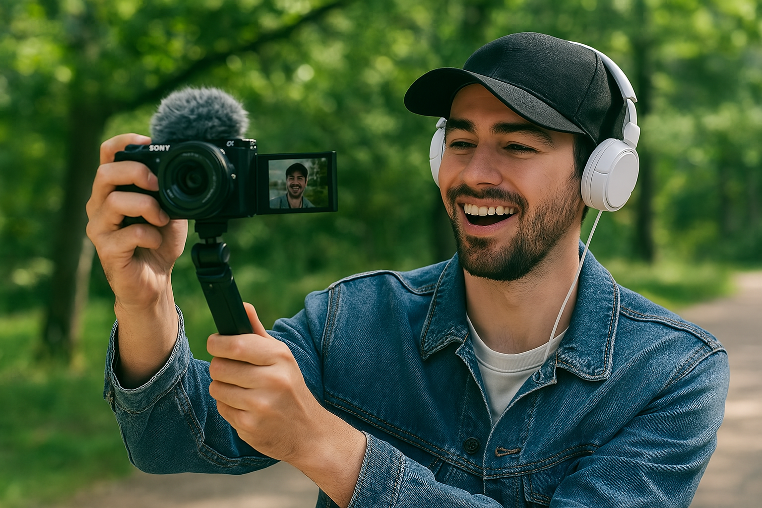 Joven grabando un vlog en el bosque con una cámara Sony Alpha montada en un trípode, usando audífonos blancos y chaqueta de mezclilla.