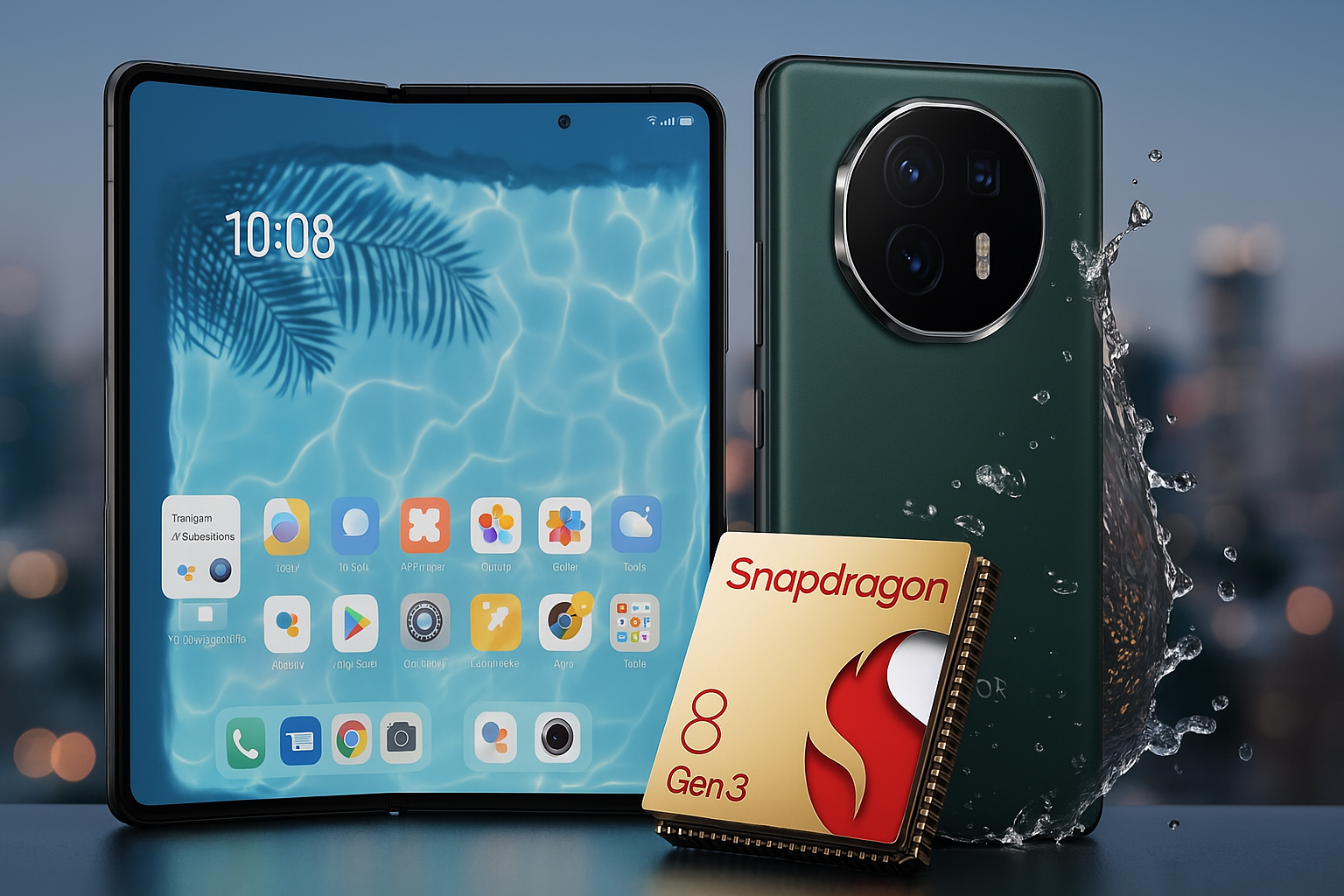 Honor Magic V3 desplegado junto al chip Snapdragon 8 Gen 3, con fondo urbano desenfocado.
