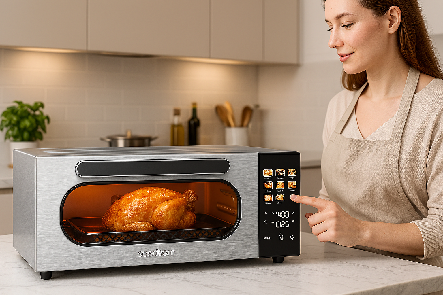 Modern air fryer oven cooking a golden-brown whole chicken on a countertop in a stylish kitchen, showcasing the SEEDEEM 10-in-1 model in use.