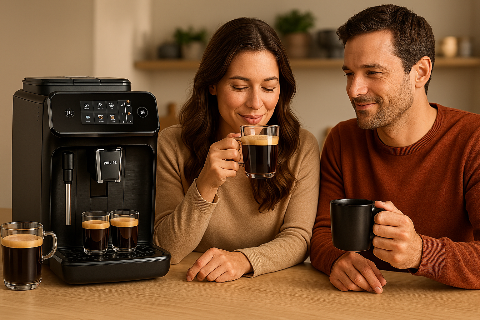 Couple enjoying fresh coffee beside a Philips 1200 Series espresso machine on a cozy kitchen counter.